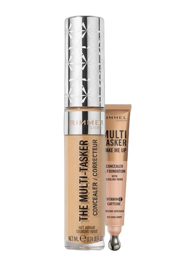 RIMMEL LONDON Multi-Tasker Concealer 80 Tan & Multi-Tasker Wake Me Up Concealer & Foundation - 25 - Rose Ivory, 20ml Bundle - Image 1